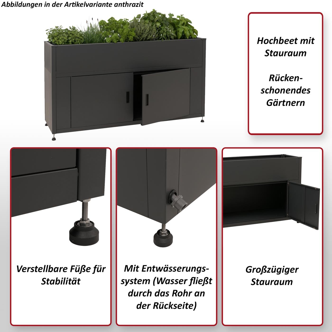 Metall-Hochbeet mit Stauraum 91×161×51 cm – Anthrazit