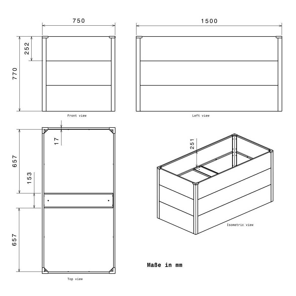 Metall-Hochbeet 150×75×77 cm – Verzinkter Stahl Eisenglimmer, rostbeständig