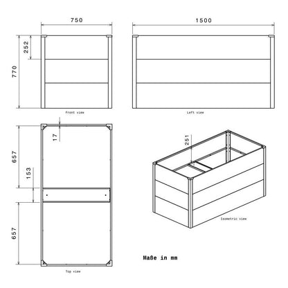 Metall-Hochbeet 150×75×77 cm – Verzinkter Stahl Eisenglimmer, rostbeständig