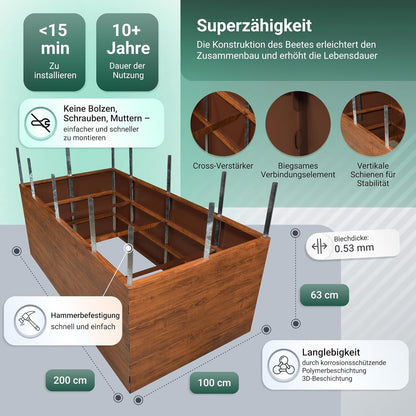 Metall-Hochbeet 200×100×63 cm – Holzoptik, Polymerstahl inkl. Maulwurfnetz