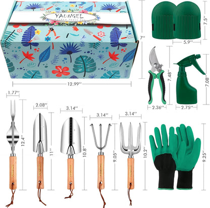 Gartenwerkzeug Set 10-teilig – Edelstahl mit Holzgriff, Grün