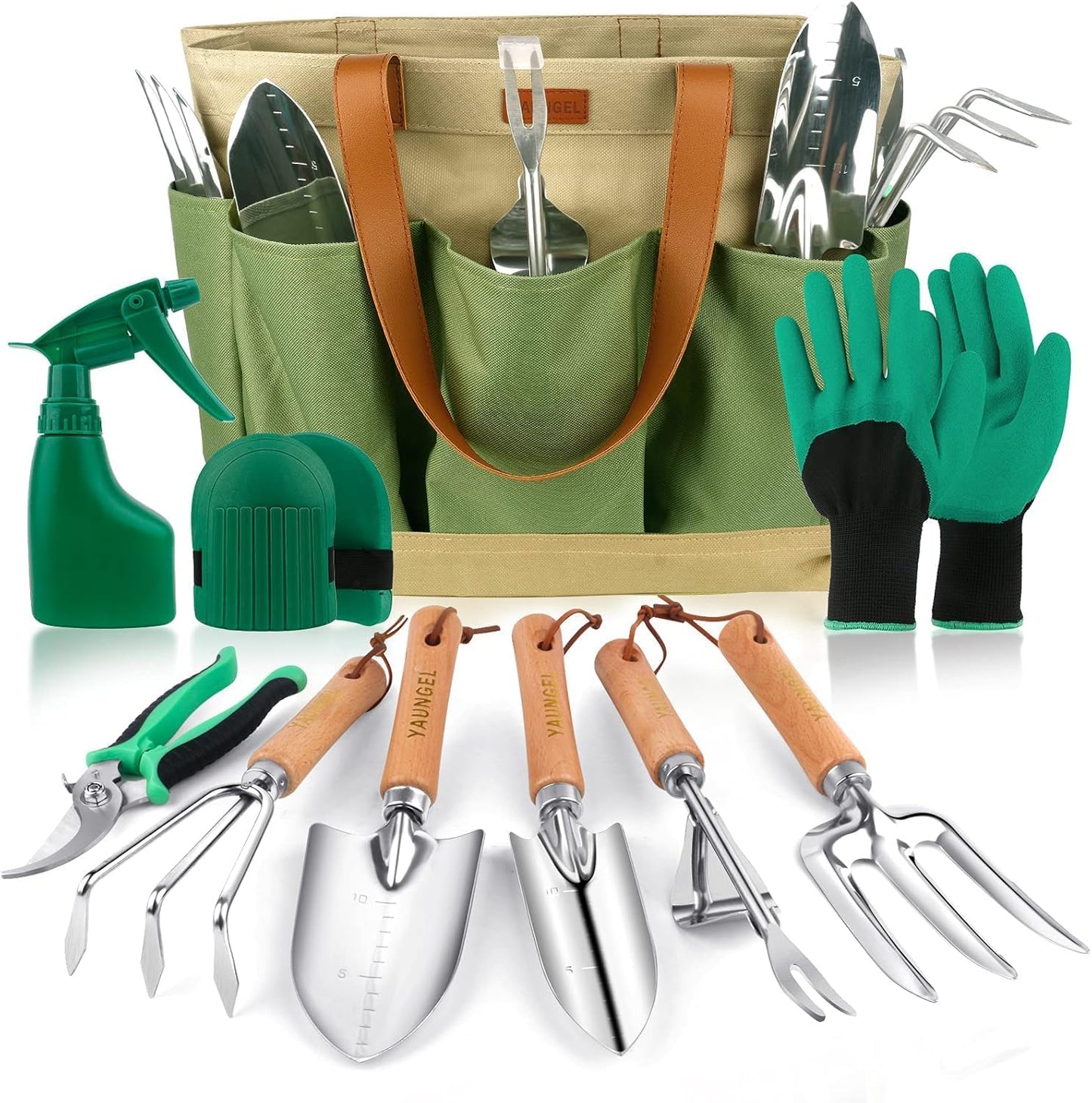 Gartenwerkzeug Set 10-teilig – Edelstahl mit Holzgriff, Grün