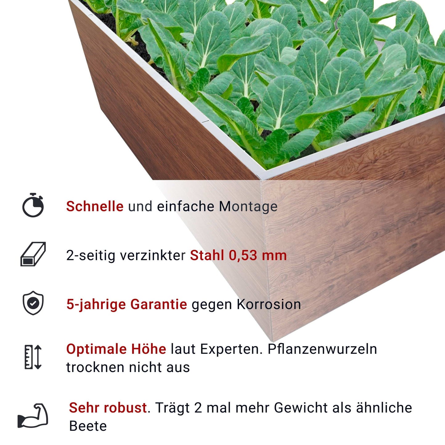 Metall-Hochbeet 200×100×63 cm – Holzoptik, Polymerstahl inkl. Maulwurfnetz