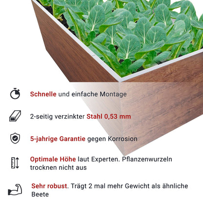 Metall-Hochbeet 200×100×63 cm – Holzoptik, Polymerstahl inkl. Maulwurfnetz