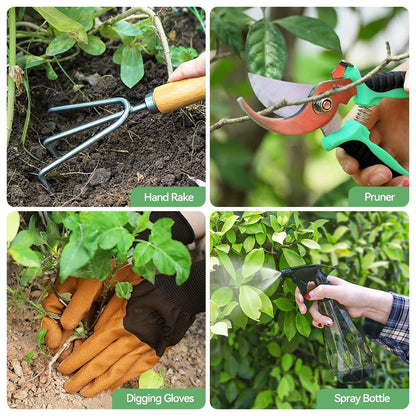 Grenebo Gartenwerkzeug Set,9 Stück Garten Werkzeug mit Gartengeräte Organizer Handtasche, Rostfreies und ergonomisches Gartengeräte Set, Ideale Gartengeschenke für Frauen für Gartenliebhaber geeignet.