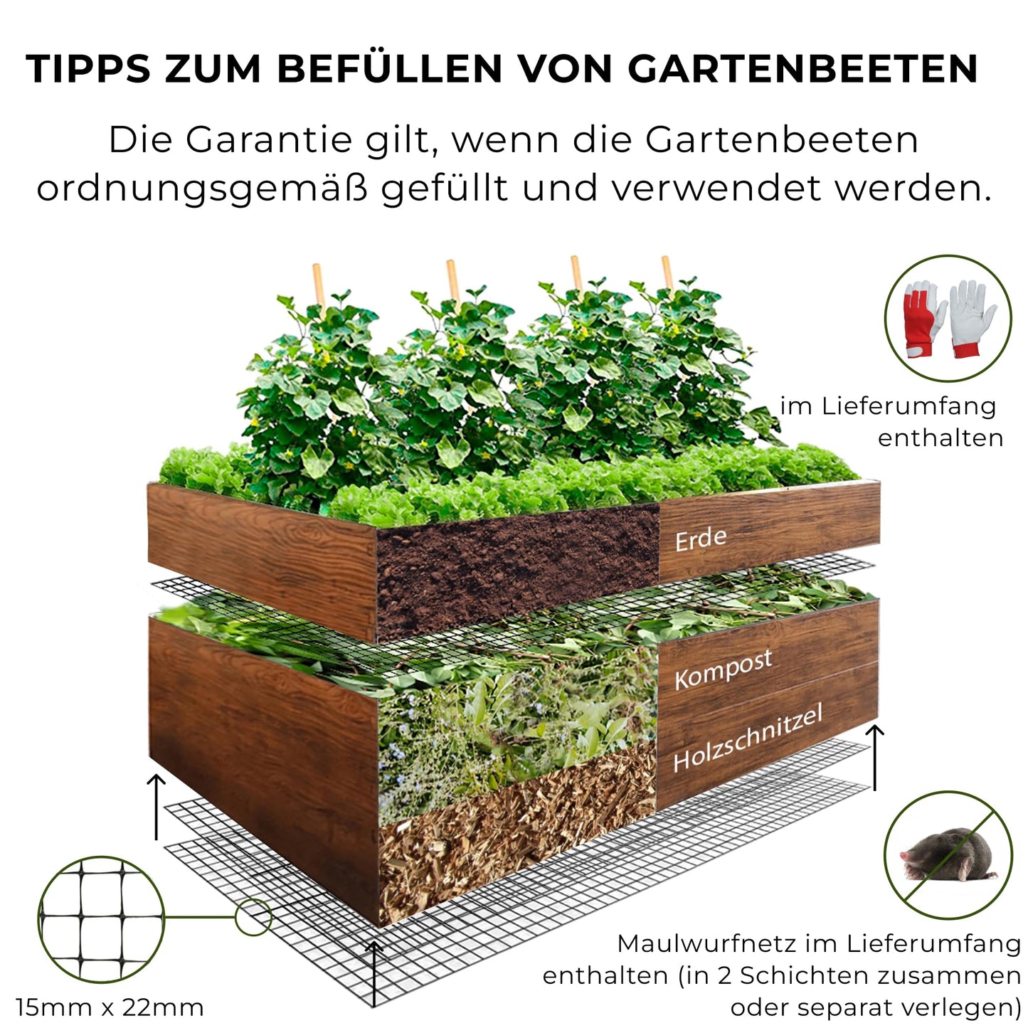 Metall-Hochbeet 200×100×63 cm – Holzoptik, Polymerstahl inkl. Maulwurfnetz