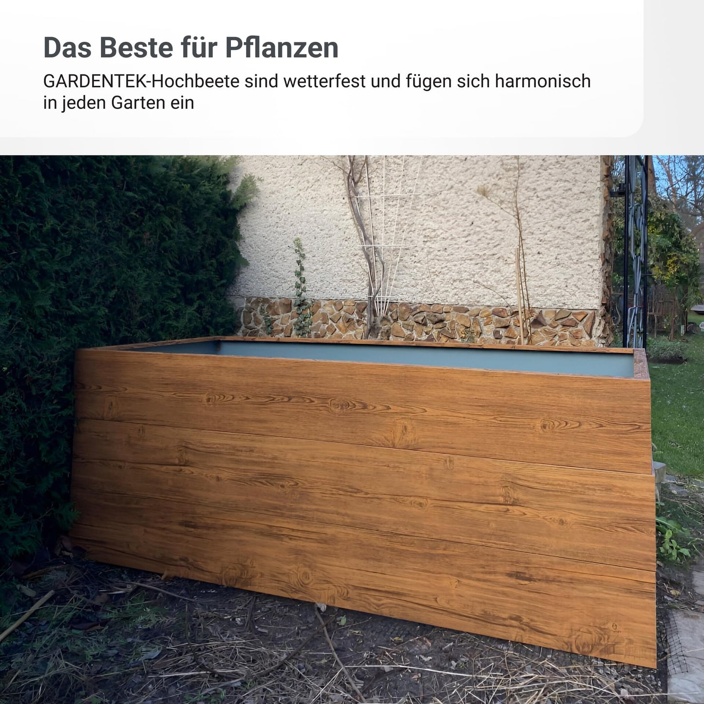 Metall-Hochbeet 200×100×63 cm – Holzoptik, Polymerstahl inkl. Maulwurfnetz