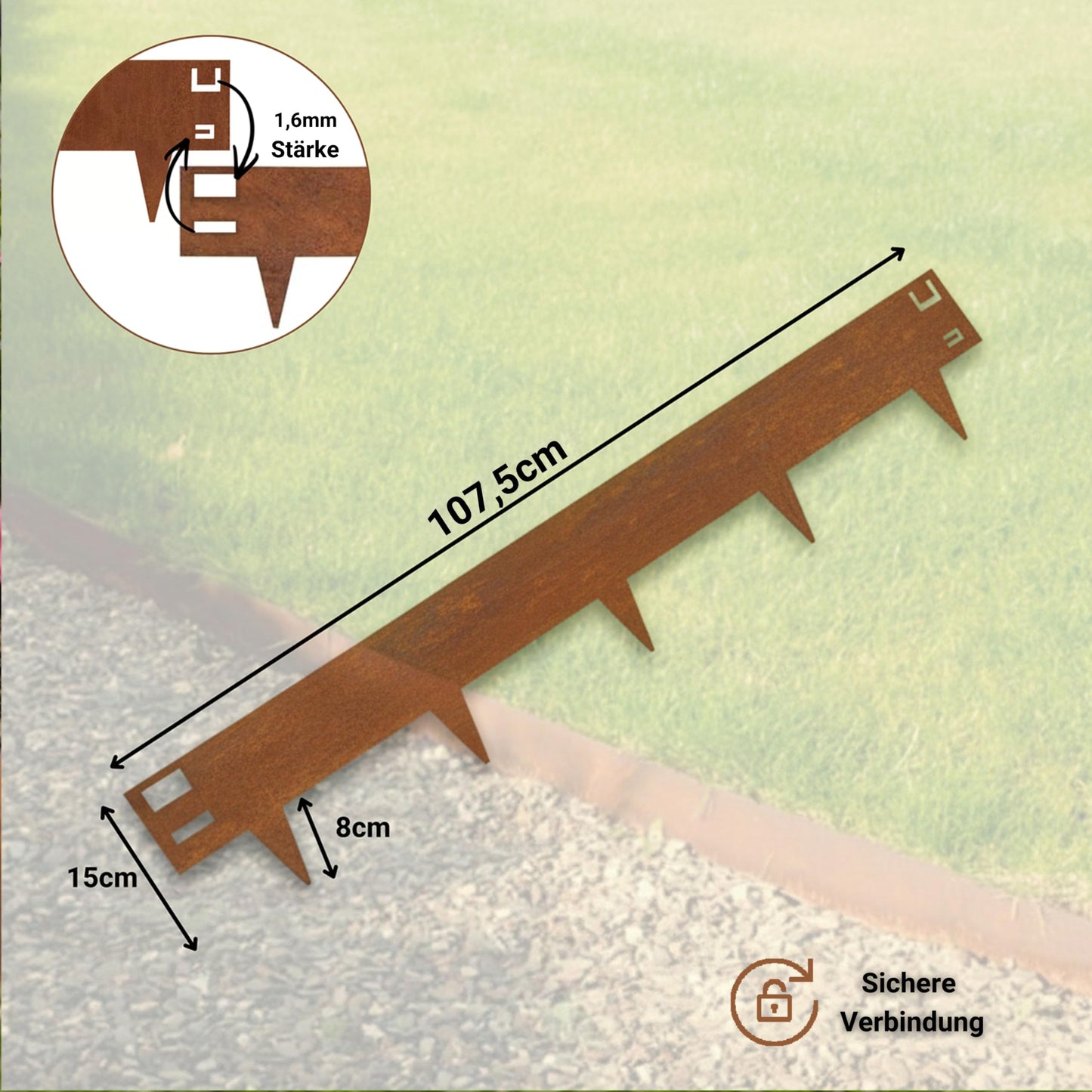 Cortenstahl-Rasenkante 15 m – Spikes, 15 cm, 1,6 mm, 15er-Set