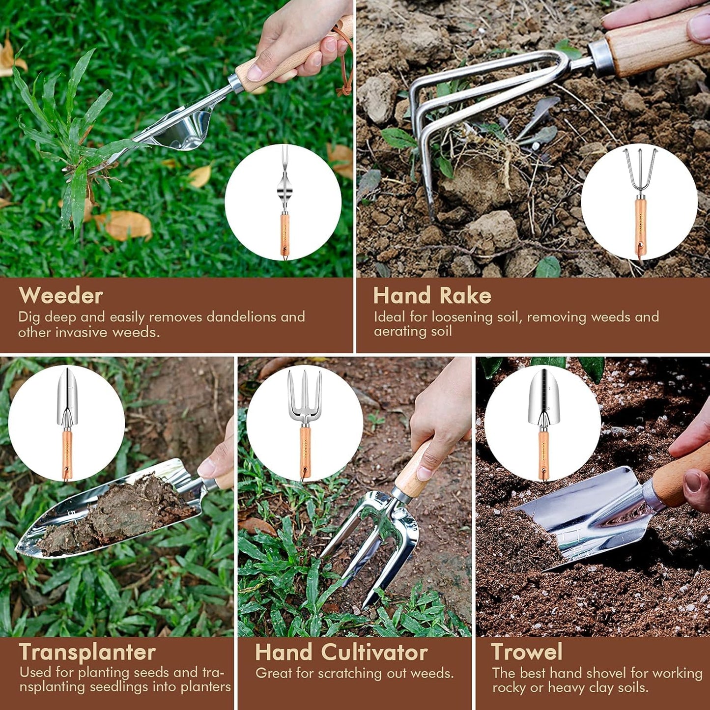 Gartenwerkzeug Set 10-teilig – Edelstahl mit Holzgriff, Grün