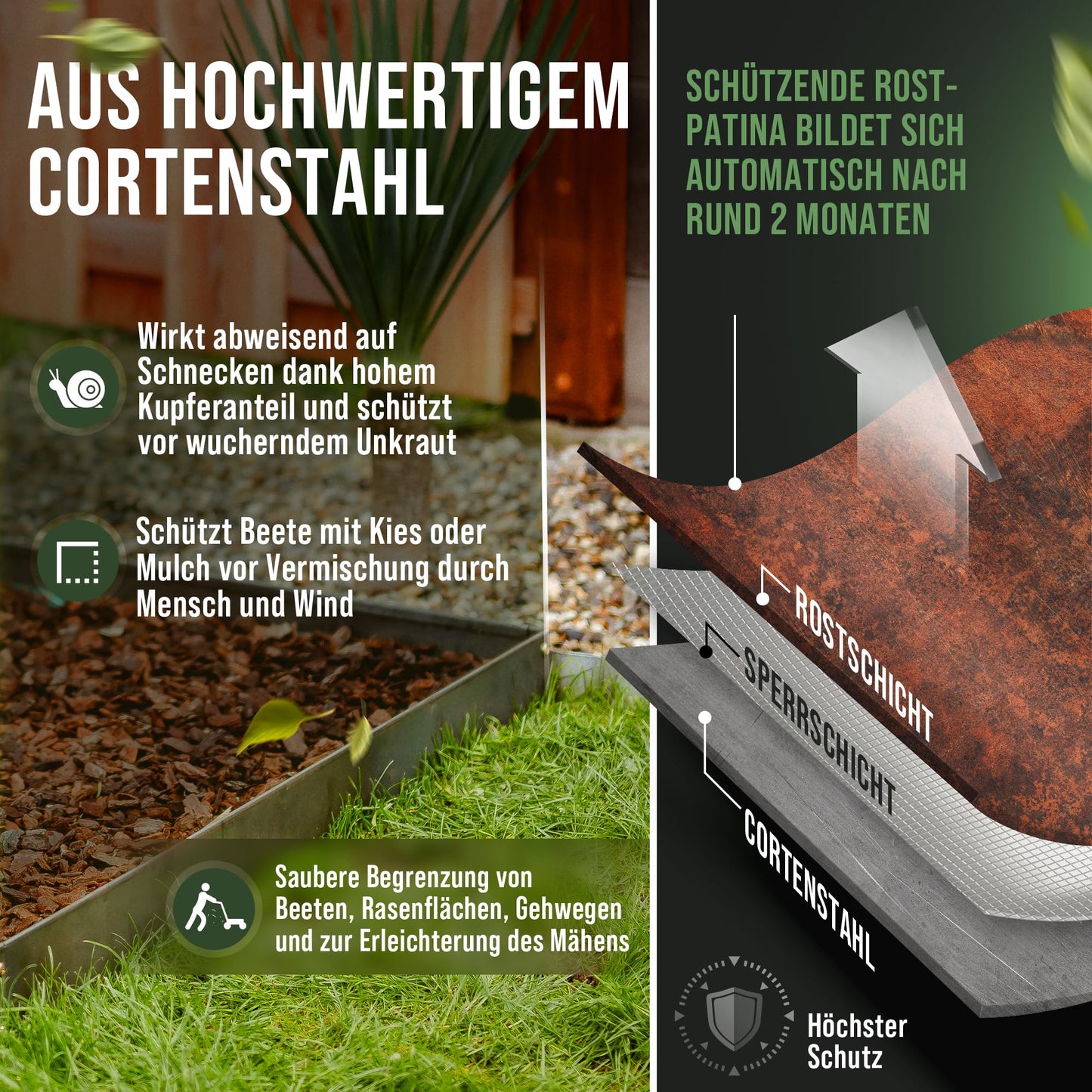Cortenstahl-Rasenkante 10 m – Schneckenabweisend, 1,5 mm
