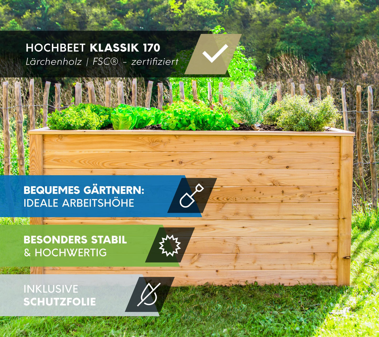 Lärchenholz-Hochbeet 170×90×84 cm – FSC-zertifiziert inkl. Aussaatkalender